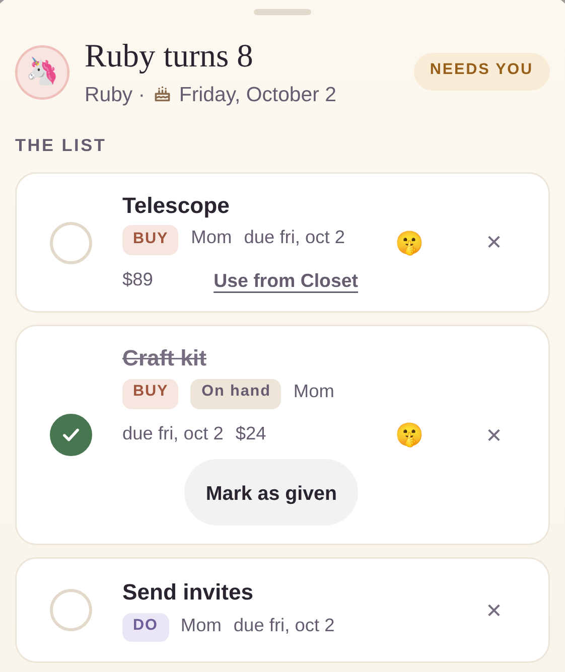 A birthday list showing a gift still to buy and a gift already on hand